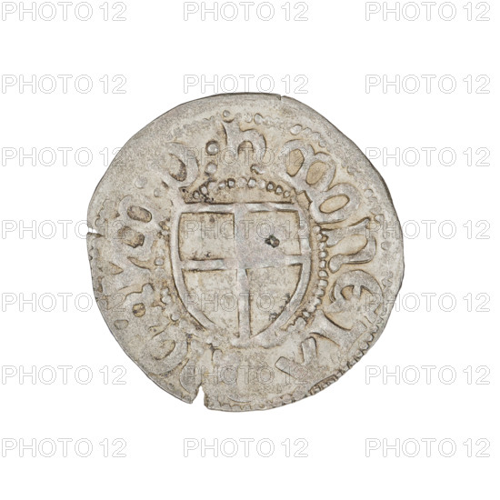 Teutonic szelag, Henryk Reffle von Richtenberg (Grand Master; 1470–1477). Teutonic shield of the Grand Master. Obverse: Teutonic shield of the Grand Master; on the rim, between the pearly borders, an inscription. Reverse: Teutonic shield; on the rim, between the pearly borders, an inscription. Date: 1470–1477. State of the Teutonic Order (1226–1525), Königsberg. Coin; diameter 21.5 mm; weight 1.31 g; axis 180 degrees.