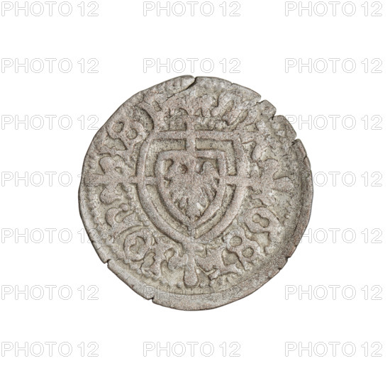 Teutonic szelag, Jan von Tiefen (Grand Master; 1489–1497), Wesner, Hans (fl. 1480–?), publisher (from 1480). Obverse: Order's shield of the Grand Master (eagle facing right) with a cross whose elongated arms, ending in lilies, divide the rim legend and reach the outer rim; in the rim, between the pearl borders, an inscription. Reverse: Teutonic Order shield; in the rim, between the pearl borders, an inscription: 1489–1497. State of the Teutonic Order (1226–1525), Königsberg. Coin; diameter ~20.1–20.2 mm, weight 1.63 g, axis 180°. Iconography: Teutonic shield, Teutonic Order's shield, lily-shaped cross.
