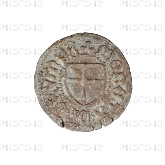 Teutonic szelag, Jan von Tiefen (Grand Master; 1489–1497), Wesner, Hans (fl. 1480–?), publisher (from 1480); Teutonic shield (iconographic); Teutonic Order's shield (iconographic); lily-shaped cross (iconographic); Teutonic Knights (order). Obverse: Order's shield of the Grand Master (eagle facing right) with a cross whose elongated arms, ending in lilies, divide the rim legend and reach the outer rim; in the rim, between the pearl borders, the inscription. Reverse: Teutonic Order shield; in the rim, between the pearl borders, the inscription: 1489–1497. State of the Teutonic Order (1226–1525), Königsberg. Coin; diameter 20.1–20.2 mm, weight 1.63 g, axis 180°.