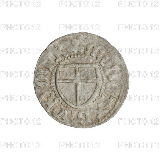 Teutonic szelag, Jan von Tiefen (Grand Master; 1489–1497), Wesner, Hans (fl. 1480–?), publisher (from 1480). Lily-shaped cross (iconographic); Teutonic shield (iconographic); monastic shield of the Grand Master (iconographic). Obverse: Monastic shield of the Grand Master (eagle facing right) with a cross whose elongated arms, ending in lilies, divide the rim legend and reach the outer rim; in the rim, between the pearl borders, the inscription. Reverse: Teutonic Order shield; in the rim, between the pearl borders, the inscription: 1489–1497. State of the Teutonic Order (1226–1525), Königsberg. Coin; diameter 20 mm, weight 1.59 g, axis 135°.