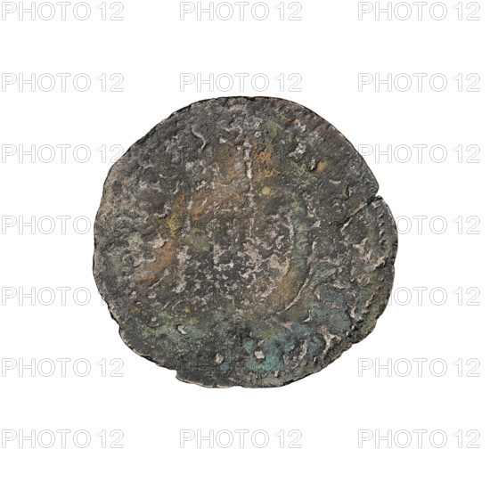Teutonic szelag, period forgery, Jan von Tiefen (Grand Master; 1489–1497) (for the original). Lily-shaped cross, Teutonic shield, period forgery, monastic shield of the Grand Master, Teutonic Knights (order). Obverse: monastic shield of the Grand Master with a cross whose elongated arms, ending in lilies, divide the rim legend and reach the outer rim. On the rim, between the pearly borders, the inscription. Reverse: monastic shield; rim inscription 1489–1497, State of the Teutonic Order (1226–1525), Königsberg (for the original). Coin; diameter 21 mm; weight 1.28 g; axis 240°.