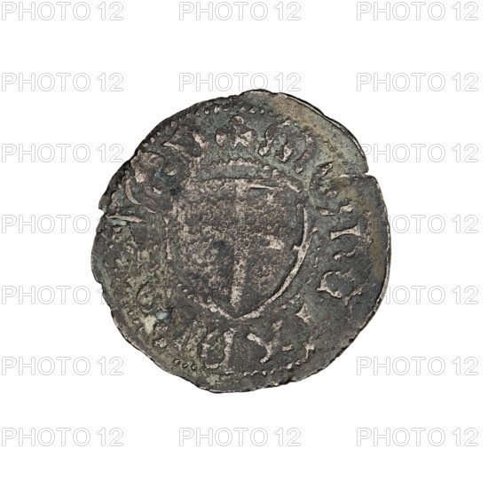 Teutonic szelag, period forgery; original associated with Jan von Tiefen (Grand Master; 1489–1497). Obverse: monastic shield of the Grand Master with a cross whose elongated arms end in lilies and divide the rim legend, reaching the outer rim. Rim inscription between pearl borders: 1489–1497. Design details: lily-shaped cross, Teutonic shield, monastic shield of the Grand Master; Teutonic Knights (order). Coin, diameter 21 mm, weight 1.28 g, axis 240°.