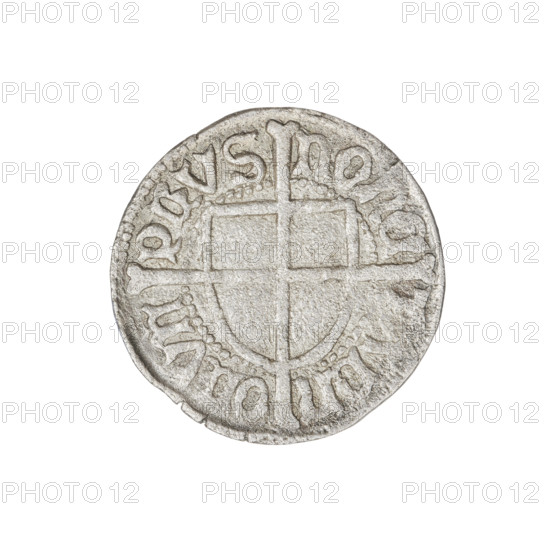 Teutonic groschen, Frederick of Saxony (Grand Master; 1498–1510), Wesner, Hans (fl. 1480–?), publisher. Obverse: Teutonic shield of the Grand Master with a cross whose elongated, widening arms divide the rim legend and reach the outer rim; the upper arm of the cross reaches the edge of the shield, above it on the rim is the Saxon coat of arms beginning the rim legend. Reverse: Teutonic shield with a cross with elongated arms dividing the rim legend and reaching the outer rim; on the rim, between the pearly borders, the inscription. Date: 1498–1510. State of the Teutonic Order (1226–1525), Königsberg. Coin; diameter 20.5 mm, weight 1.59 g, axis 225°. Damaged stamps (obverse). R6 (rarity).