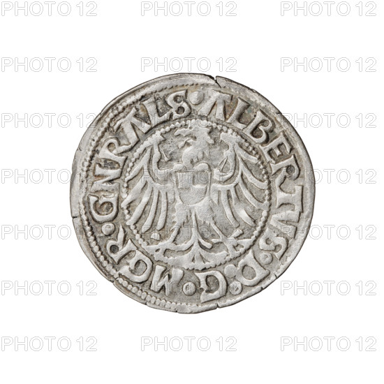 Teutonic groschen, Albrecht Hohenzollern (prince in Prussia; Grand Master; 1490–1568). Obverse: Brandenburg eagle with the Hohenzollern shield on its chest; on the rim between the pearl borders an inscription. Reverse: monastic shield of the Grand Master with a cross whose elongated, widening arms divide the rim legend and reach the outer rim; on the rim between the pearl borders an inscription. Dated 1515. State of the Teutonic Order (1226–1525), Königsberg. Coin; diameter 21.2–21.4 mm, weight 1.73 g, axis 0°.