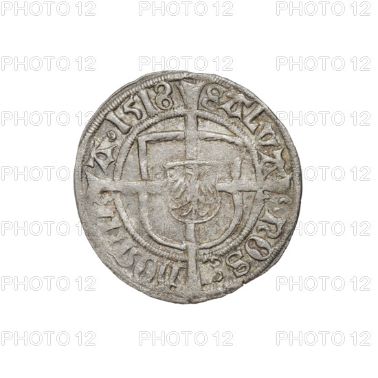 Teutonic groschen, Albrecht Hohenzollern (prince in Prussia; Grand Master; 1490–1568). Obverse: Brandenburg eagle with the Hohenzollern shield on his chest; on the rim, between the pearly borders, an inscription. Reverse: Monastic shield of the Grand Master with a cross whose elongated, widening arms divide the rim legend and reach the outer rim; in the rim between the pearl borders there is an inscription. 1518. State of the Teutonic Order (1226–1525), Königsberg. Coin; diameter 20.9 mm; weight 1.55 g; axis 290°.