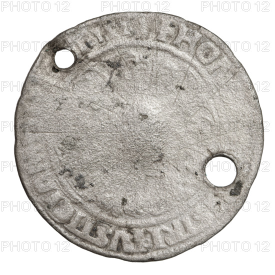 Teutonic quarter-guilder, Albrecht Hohenzollern (prince in Prussia; Grand Master; 1490–1568); Wille, Albrecht (fl. 1520–?), publisher (1520?); Plate, Dominik (fl. ?–1527), publisher (?-1527); R8 (rarity). Iconography: Madonna with Child; lily-of-the-valley cross; Madonna on the Crescent. War coins (1520–1521). Teutonic Knights (order). Obverse: Figure of the Virgin Mary resting on a crescent; on the rim, between pearly borders, an inscription beginning with a shield with an eagle. Reverse: A cross with arms terminating in florences, between them plant motifs; on the rim, between pearly borders, an inscription, 1521. State of the Teutonic Order (1226–1525), Königsberg. Coin: diameter 30.5 mm, weight 4.20 g, axis 180 degrees.
