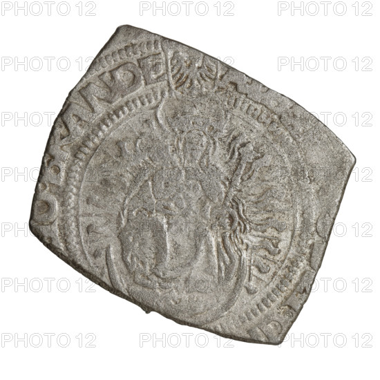 Teutonic quarter-guilder clip, Albrecht Hohenzollern (prince in Prussia; Grand Master; 1490–1568); Wille, Albrecht (fl. 1520–?), publisher; Plate, Dominik (fl. ?–1527), publisher. R7 (rarity). Iconography: lily-shaped cross; Madonna on a crescent; Madonna with Child. War coins (1520–1521). Teutonic Knights (order). Obverse: Virgin Mary and Child resting on a crescent; on the rim, between pearly borders, an inscription beginning with a shield bearing an eagle. Reverse: cross with arms terminating in florences, between them plant motifs; at the intersection of the arms, a shield with an eagle; on the rim, between pearly borders, an inscription, 1521. State of the Teutonic Order (1226–1525), Königsberg. Clip coin. Diameter: 23 mm; diameter (outer?): 26.3 mm. Weight: 5.27 g. Axis: 0°.