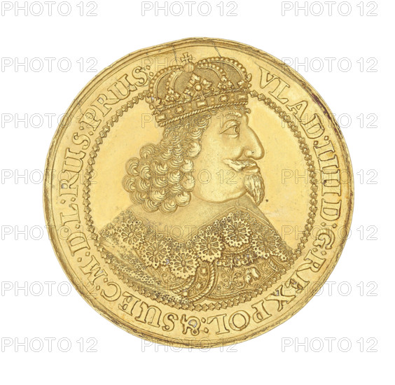 Gdansk four-ducat donative; maker: Gerhard Rogge (fl. 1639–1657); subject: Wladyslaw IV Vasa (King of Poland, 1595–1648); type: donative coin, Polish coin; date: 1645; material: gold (aurum solidum implied by inscription); diameter 37.5 mm; weight 13.93 g; axis 0°. WQXBCFS
I:\nmw crop ready cleaned\ WQXBCFS
I:\nmw crop ready cleaned\Obverse: Bust of the king with a crown facing right; rim inscription: VLAD: IIII:D:G:REX POL:& SUEC:M:D:L:RUSS:PRUS:.   WQXBCFS
I:\nmw crop ready cleaned\Reverse: Panorama of Gdansk; above in rays the Hebrew inscription Jehovah; below the coat of arms of Gdansk; date shown as 16-45 with letters GR below; rim inscription: EX AURO SOLIDO CIVITAS GEDANENSIS FIERI FEC:.