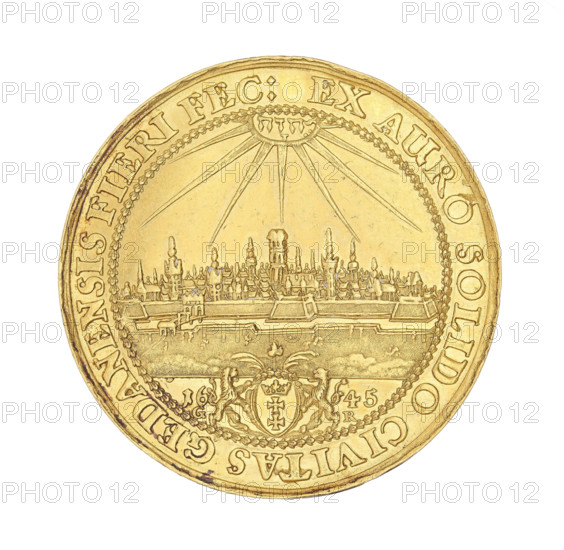 Gdansk four-ducat donative by Gerhard Rogge (fl. 1639–1657), 1645. Obverse: Bust of King Wladyslaw IV Vasa (1595–1648) wearing a crown, facing right; rim inscription 'VLAD: IIII:D:G:REX POL:& SUEC:M:D:L:RUSS:PRUS:'. Reverse: Panorama of Gdansk with rays above containing the Hebrew inscription 'Jehovah', below the coat of arms of Gdansk, date 16-45 flanking the coat of arms and letters 'GR' beneath; rim inscription 'EX AURO SOLIDO CIVITAS GEDANENSIS FIERI FEC:'. Polish coin; diameter 37.5 mm, weight 13.93 g, axis 0°.