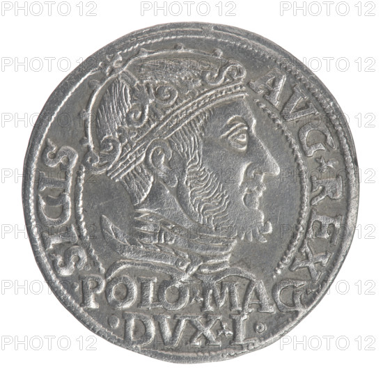 Lithuanian grosz on a Polish foot, Sigismund II Augustus (King of Poland; 1544–1572), Jagiellon dynasty; coats of arms; royal male bust; Pogon (coat of arms; Lithuania); Sigismund II Augustus (1520–1572) — iconography; monograms; Columns of Gediminas (coat of arms of Lithuania); SA tied monogram (type). WQXBCFS
I:\nmw crop ready cleaned\ WQXBCFS
I:\nmw crop ready cleaned\Obv.: Crowned male bust in armor turned right, separating at the top an inscription in a half-circle: SIGIS - AVG.REX; at the bottom horizontally in two lines: .POLO.MAG./.DVX.L. WQXBCFS
I:\nmw crop ready cleaned\Rev.: Lithuanian Pogon turned left, below a crown dividing the date 15 - 47; a monogram consisting of the letters SA and the Columns of Gediminas coat of arms, which divide the rim inscription: MONETA.MAGNI.DVCA.LITVA. WQXBCFS
I:\nmw crop ready cleaned\Date: 1547. Place: Grand Duchy of Lithuania (Vilnius), Poland. Coin; diameter 22.5–23.0 mm; weight 2 g.