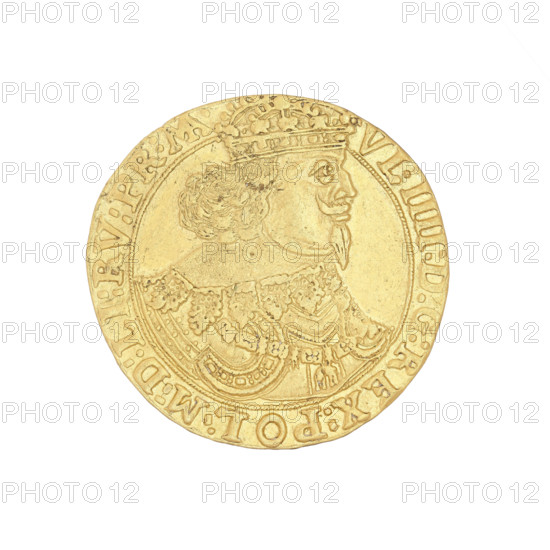 Crown half thaler in gold = 5 ducats; Danillowicz, Jan (fl. 1632–1650); Pyrami, Gerhard (fl. 1647–1650), publisher; Wladyslaw IV Vasa (King of Poland; 1595–1648); thaler; Kraków; Obverse: Bust of the king in the crown, facing right; in the rim, inscription VL.IIII:D:G:REX:POL:M:D:LI:RV:PR:M. Reverse: Under the crown, a shield with the coats of arms of Poland, Lithuania, Sweden, the Goths, and the Vasa dynasty; on the sides, the letters GP; below the year 16-47; under the shield, the Saxon coat of arms; in the rim, an inscription divided at the bottom by the Order of the Golden Fleece: SAM:LI:NE.NO:SV. - GO:VA:Q:HE:REX. (HE in ligature). Date: 1647. Material: gold. Place: Kraków, Poland. Function: coin. Diameter: 33–33.6 mm. Weight: 17.39 g.