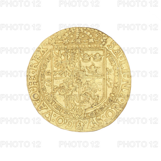 Crown half thaler in gold = 5 ducats. Maker: Danillowicz, Jan (fl. 1632–1650); publisher: Pyrami, Gerhard (fl. 1647–1650). Issued for Wladyslaw IV Vasa (King of Poland; 1632–1648). Thaler, 1647. Obverse: Bust of the king crowned, facing right; rim inscription: VL.IIII:D:G:REX:POL:M:D:LI:RV:PR:M. Reverse: Under a crown, a shield with coats of arms of Poland, Lithuania, Sweden, the Goths, and the Vasa dynasty; letters GP on the sides, year 16-47 below; under the shield, the Saxon coat of arms; rim inscription divided at the bottom by the Order of the Golden Fleece: SAM:LI:NE.NO:SV. - GO:VA:Q:HE:REX. (HE in ligature). Material: gold; coin; diameter 33–33.6 mm; weight 17.39 g. Location: Kraków, Poland.