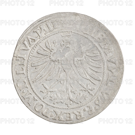 Lithuanian grosz, Sigismund I the Old (King of Poland; 1506–1548), R2 (rarity). Obverse: Polish crowned eagle; rim inscription beginning with a trefoil: + SIGISMVNDVS*P*REX*PO*M*D*LITVA. Reverse: Pogon (Lithuanian mounted knight) turned left, below the year 1535 (rendered as 15 - 35); rim inscription divided at the bottom by a shield with the Column coat of arms: ETA.MAG, ID - VCATVS.LITVA. Jagiellon dynasty emblems (eagle, Pogon). Coin struck in Vilnius, Grand Duchy of Lithuania (Poland), 1535. Diameter about 26.2–26.4 mm; weight 2.39 g.
