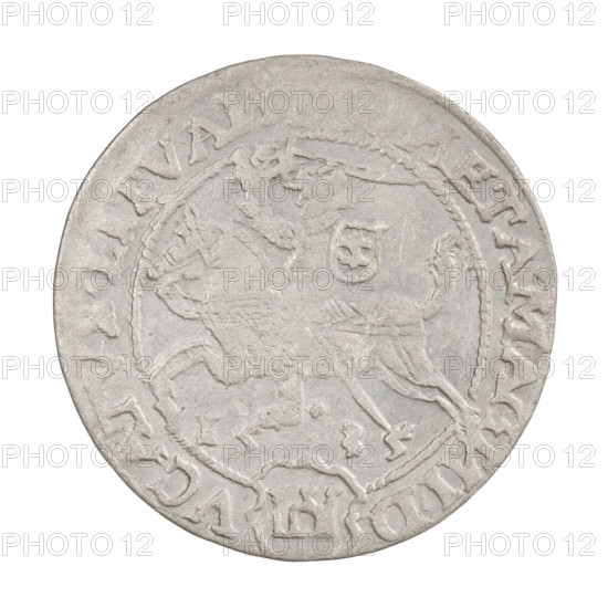 Lithuanian grosz, Sigismund I the Old (King of Poland; 1506–1548), R2 (rarity). Silver coin (grosz), 1535, minted in Vilnius, Grand Duchy of Lithuania. Obverse: crowned Polish Eagle, rim between pearl-shaped borders with inscription beginning with a trefoil: + SIGISMVNDVS*P*REX*PO*M*D*LITVA. Reverse: Pogon turned left, below year 15-35 (1535), rim between pearl-shaped borders with inscription divided at the bottom by a shield with the Column coat of arms: ETA.MAG, ID - VCATVS.LITVA. Diameter approx. 26.2–26.4 mm; weight 2.39 g. Jagiellon dynasty; emblems: eagle and Pogon.