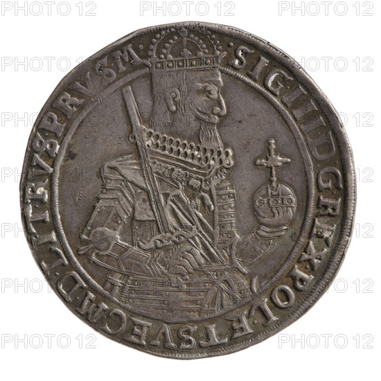Torun thaler, Jacobson, Emden Jakub van (1576-1639), Sigismund III Vasa (King of Poland; 1587-1632), Sigismund III Vasa (King of Poland; 1566-1632) - iconography, Torun (Kuyavian-Pomeranian Voivodeship), medal thalers, Sigismund III Vasa (King of Poland; 1566-1632). Half-length portrait of the king to the right, wearing a crown and armor, holding an orb and a sword. In the rim an inscription: .SIG.III.D:G.REX.POL.ET.SVEC.MDLIT.RVS.PRVS.M. The coat of arms of Torun, flanked by the letters II. In the rim an inscription divided at the top by an angel's head: MONETA.NOVA.ARGEN, CIVIT.THORVNENSIS. 1630. Poland, Torun; coin; diameter 43.3 mm; axis 225°.