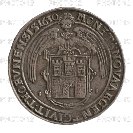 Half-length portrait of the king to the right, wearing a crown and armor, holding an orb and a sword. In the rim an inscription: .SIG.III.D:G.REX.POL.ET.SVEC.MDLIT.RVS.PRVS.M. The coat of arms of Torun, flanked by the letters II. In the rim an inscription divided at the top by an angel's head: MONETA.NOVA.ARGEN, CIVIT.THORVNENSIS. 1630. Torun (Kuyavian-Pomeranian Voivodeship), Poland. Torun thaler, 1630; maker Jacobson (Emden), depicting Sigismund III Vasa (King of Poland, 1566–1632). Medal thaler; diameter 43.3 mm, axis 225 degrees.
