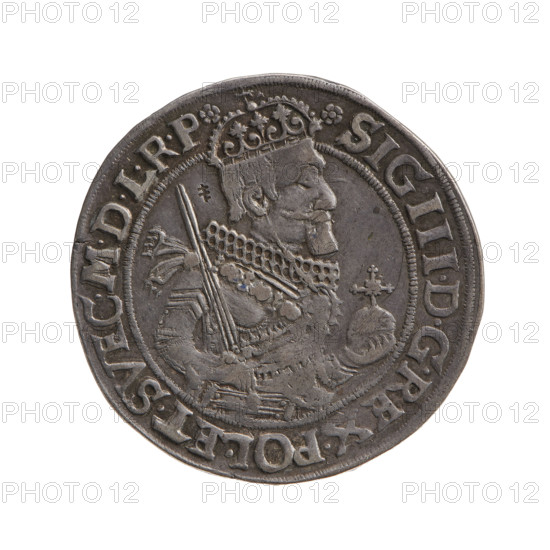 Torun quarter-thaler, Lippe, Hans (mintmaster, 1629–1630), Sigismund III Vasa (king of Poland, 1566–1632) — Half-length portrait of the king to the right, wearing a crown and armour, holding a sword and a royal globus. Rim inscription divided at the top by the king's crown: rosette SIG.III.DG REX.POL.ET.SVEC.MDLRP rosette. Obverse(?) shows Coat of arms of Torun, below it the letters HL. Rim inscription divided at the top by an angel's head and at the bottom by the value marking 1/4 in an oval frame: rosette MON.NO.ARG.CIVIT-THORVNEN.1630 rosette. Dated 1630. Poland, Torun; coin; diameter 29.4 mm; axis 45 degrees.