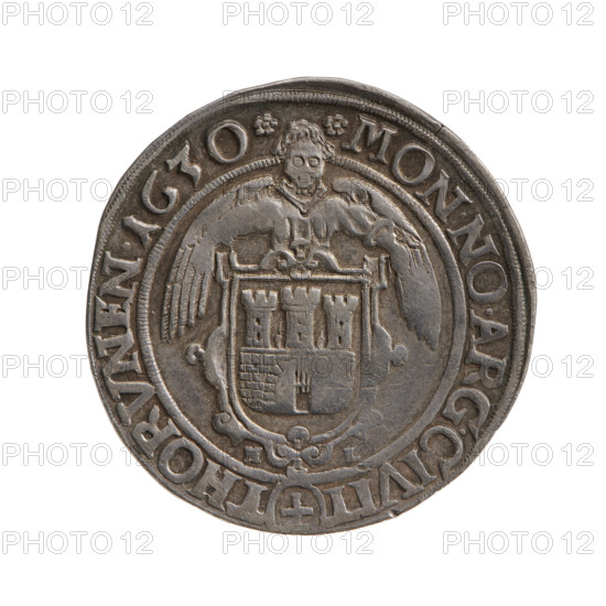 Torun quarter-thaler, Lippe, Hans (mintmaster, 1629–1630), Sigismund III Vasa (king of Poland, 1566–1632) — Half-length portrait of the king to the right, wearing a crown and armour, holding a sword and a royal globus. In the rim, inscription divided at the top by the king's crown: rosette SIG.III.DG REX.POL.ET.SVEC.MDLRP rosette. On the reverse, coat of arms of Torun, below it the letters HL. In the rim, inscription divided at the top by an angel's head and at the bottom by the value marking 1/4 in an oval frame: rosette MON.NO.ARG.CIVIT-THORVNEN.1630 rosette. Dated 1630. Poland, Torun. Coin; diameter 29.4 mm; axis 45°.