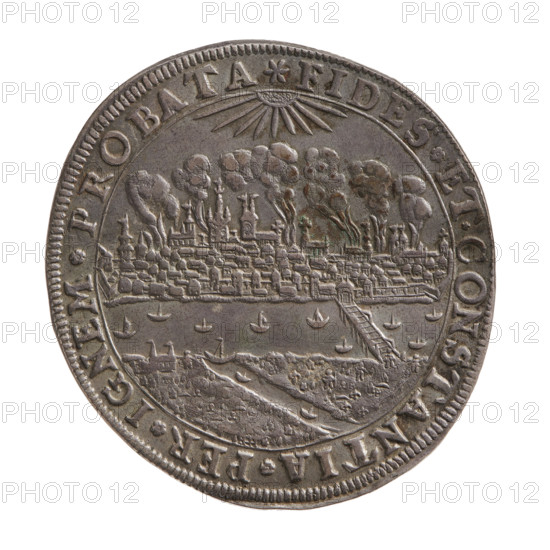 Torun siege medal thaler, Sigismund III Vasa (King of Poland; 1587–1632), medal thaler, Torun (Kuyavian-Pomeranian Voivodeship). Obv.: Coat of arms of Torun, below an inscription in seven lines: .THORVNIA. HOSTILITER.OPPVGNATA .ET.DEI.O AVXILIO. FORTR.A.CIVIB.DEFENSA. .XVIA . FEBR. Reverse: View of burning Torun with the Vistula River in the foreground. Below the river line, a small, partially erased date is visible: 1, 0. Two angels with a wreath hover over the city. In the rim, an inscription divided at the top by an ornament: FIDES . ET . CONSTANTIA . PER . IGNEM . PROBATA .ANNO. MDC.XXIX. Below an ornament. 1629. Poland, Torun, coin, dia. 47.6 mm