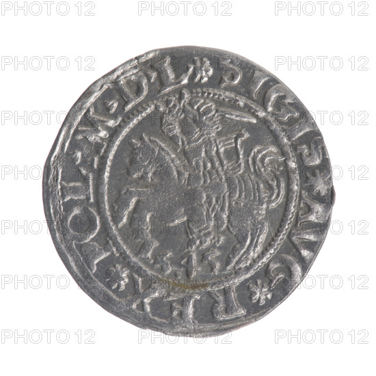 Lithuanian half-grosz, Sigismund II Augustus (King of Poland; 1544–1572), good condition, coats of arms, Jagiellons (dynasty), Polish coins, eagles, Eagle (coat of arms), Pogon (coat of arms; Lithuania). Obv.: Lithuanian Pogon, below year 1545, in the rim between pearly borders the inscription SIGIS.AVG.REX.POL.MDL. Rev.: Polish Eagle, in the rim between pearly borders the inscription MONETA.MAG.DVC.LITVA, 1545. Grand Duchy of Lithuania, Vilnius, Poland; coin; dia. 19.7–20.0 mm; weight 1.23 g.