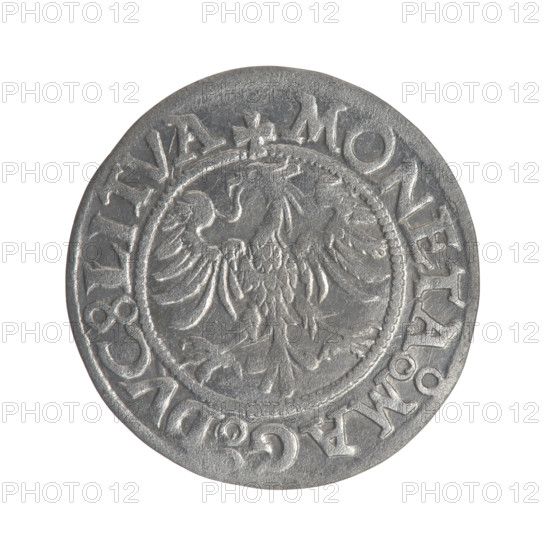 Lithuanian half-grosz, Sigismund II Augustus (King of Poland; 1544–1572), good preservation; coats of arms of the Jagiellons dynasty; Polish Eagle and Lithuanian Pogon. Obv.: Lithuanian Pogon; in the rim between pearly borders an inscription: .SIGIS.AVG.REX.POL.MA.DL Rev.: Polish Eagle; in the rim between pearly borders an inscription: .MONETA.MAG.DVC.LITVA Date: 1545–1566. Grand Duchy of Lithuania, Vilnius. Coin; diameter 19.5–20.0 mm; weight 1.2 g.