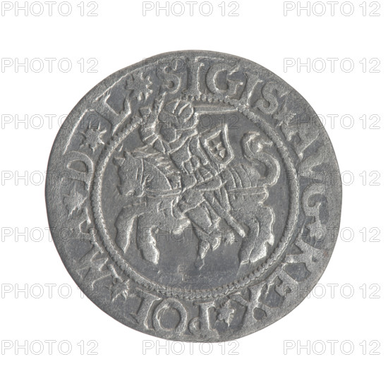 Lithuanian half-grosz, Sigismund II Augustus (King of Poland; 1544–1572), good preservation; coats of arms: Lithuanian Pogon (obverse) with inscription in rim between pearly borders: .SIGIS.AVG.REX.POL.MA.DL; Polish Eagle (reverse) with inscription in rim between pearly borders: .MONETA.MAG.DVC.LITVA; 1545–1566; Grand Duchy of Lithuania, Vilnius; coin; diameter 19.5–20.0 mm; weight 1.2 g.