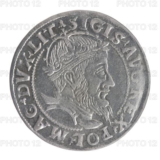 Lithuanian grosz, 1555. Obverse: Crowned male bust in armour, profile right; rim inscription divided by crown cross and armour: .SIGIS.A, X. - POL.MAG.DVX.LIT. Reverse: Lithuanian Pogon (Pursuit) facing left, below the date 1555 and Columns of Gediminas coat of arms dividing the rim inscription: .MONETA.MAGNI - DVCAT9.LITVA. Sigismund II Augustus (King of Poland; 1520–1572). Coin of the Grand Duchy of Lithuania; diameter ~24.4–24.5 mm, weight 2.27 g.