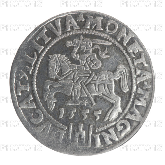 Lithuanian grosz, 1555. Obverse: crowned male bust of Sigismund II Augustus in armour, profile to the right; rim inscription: .SIGIS.A, X. - POL.MAG.DVX.LIT. Reverse: Lithuanian Pogon (Pursuit) facing left, below date 1555 and Columns of Gediminas coat of arms; rim inscription: .MONETA.MAGNI - DVCAT9.LITVA. Material: coin; diameter ~24.4–24.5 mm; weight 2.27 g.