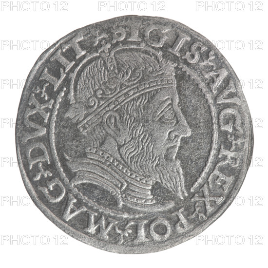 Lithuanian grosz, 1559. Obverse: crowned male bust in armour, profile to the right; rim inscription divided by a crown cross at top and the armour at bottom: .SIGIS.AVG.REX. - POL.MAG.DVX.LIT. Reverse: Lithuanian Pursuit (Pogon) facing left, below the date 1559 and the Columns of Gediminas coat of arms dividing the rim inscription: .MONETA.MAGNI - DVCAT9.LITV. Sigismund II Augustus (King of Poland, 1520–1572), Jagiellonian dynasty. Grand Duchy of Lithuania; coin. Diameter ~24.6–25.0 mm; weight 2.41 g.