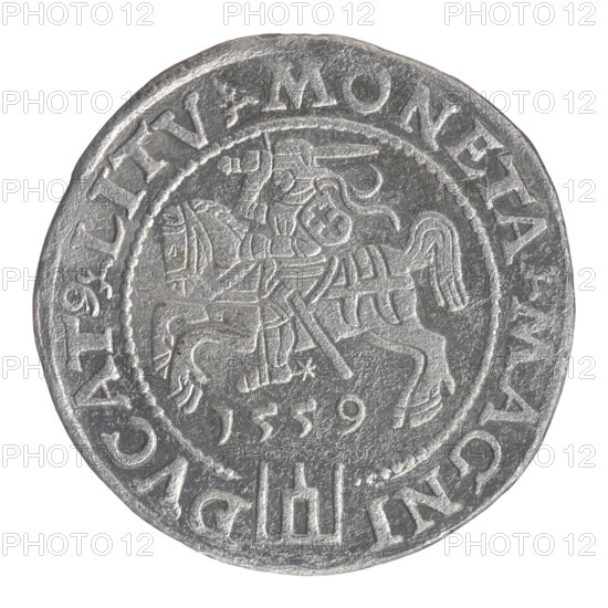 Lithuanian grosz on a Lithuanian foot, Sigismund II Augustus (King of Poland; 1544–1572), Jagiellonians (dynasty); coats of arms; royal bust; Polish coins; male busts; Sigismund II Augustus (King of Poland; 1520–1572) — iconography; Columns of Gediminas (coat of arms of Lithuania); Pogon (coat of arms; Lithuania). Obverse: Crowned male bust in armour with profile turned to the right; rim inscription divided at the top by a cross of the crown and at the bottom by the armour: .SIGIS.AVG.REX.-POL.MAG.DVX.LIT. Reverse: Lithuanian Pursuit (Pogon) facing left; below the date 1559 and the Column coat of arms dividing the rim inscription: .MONETA.MAGNI-DVCAT9.LITV. Date: 1559. Place: Vilnius, Grand Duchy of Lithuania. Coin; diameter 24.6–25.0 mm; weight 2.41 g.