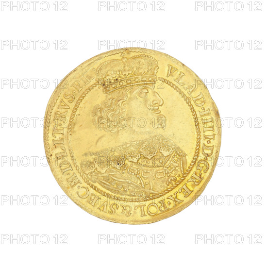 Gdansk double-ducat, Rogge, Gerhard (fl. 1639–1657); Wladyslaw IV Vasa (King of Poland; 1595–1648). Obverse: Bust of the king with a crown, facing right; rim inscription: VLAD. IIII.DGREX.POL, & SVEC.MDLIT.RVS.PR. Reverse: Panorama of Gdansk, above it in rays the Hebrew inscription Jehovah, below it the coat of arms of Gdansk and the letters GR; rim inscription: MON:AUREA CIVITATIS.GEDANEN:1642:. Date: 1642. Poland, Gdansk. Coin, diameter 34–34.3 mm, weight 6.99 g, axis 330°.