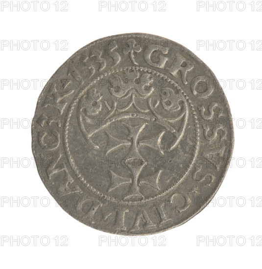 Gdansk grosz, Sigismund I the Old (King of Poland; 1506–1548). Polish coin (Jagiellon dynasty). Obverse: Crowned male bust in profile facing right; rim between pearl-shaped borders with inscription '.SIGIS.I.REX.POLO.DO.TO.PRVS'. Reverse: Coat of arms of Gdansk; rim between pearl-shaped borders with inscription '.GROSSVS.CIVI.DANCZK.1535'. Dated 1535. Poland, Gdansk. Coin; diameter 22.2–22.5 mm; weight 1.96 g.