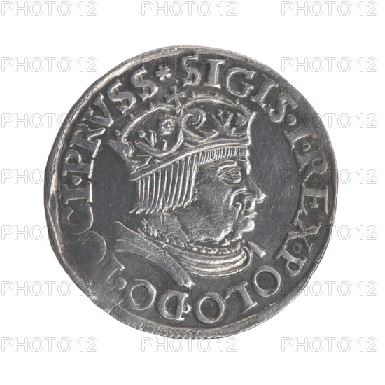 Gdansk trojak, Sigismund I the Old (King of Poland; 1506–1548). Polish coin, Jagiellonian dynasty. Obverse: Crowned male bust in profile turned to the right, inscription in the rim: .SIGIS.I.REX.POLO.DO., CI.PRVSS. Reverse: Inscription in five lines in the rim, date separated by a shield with the coat of arms of Gdansk: .III./.GROSS:AR:/TRIP:CIVI:/, ANNCZK/.15 - 35. Date: 1535. Place: Gdansk, Poland. Coin; diameter 21.0–21.4 mm; weight 2.58 g.