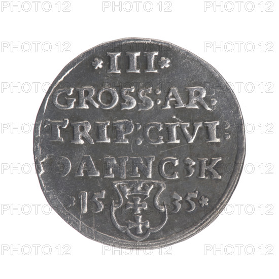 Gdansk trojak, Sigismund I the Old (King of Poland; 1506–1548). Polish coin (Jagiellonians dynasty). Obverse: Crowned royal bust in profile facing right, inscription in rim: .SIGIS.I.REX.POLO.DO., CI.PRVSS. Reverse: Inscription in five lines in the rim, date separated by a shield with the coat of arms of Gdansk: .III./.GROSS:AR:/TRIP:CIVI:/, ANNCZK/.15 - 35. Date: 1535. Place: Gdansk, Poland. Coin diameter 21.0–21.4 mm; weight 2.58 g.