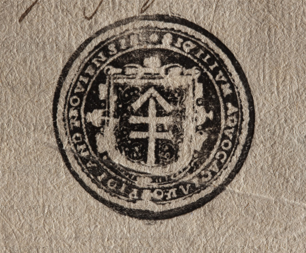 Round ink print of the seal of the town of Andrzejów. On the baroque shield, the fox coat of arms, twice crossed. In the rim, the inscription: SIGILLUM ADVOCACIALE OPPIDI ANDROVIENSIS. 1785. Poland.