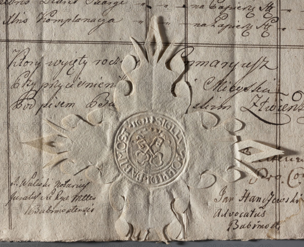 Round imprint of the seal of the town of Babimost, Poznan Voivodeship. On the crowned cartouche two crossed keys. Inscription on the rim: + SIGILLUM . OPPIDI . BABIMOST . 1671 +. 1671. Poland. Seal; city seal of the town of Babimost.