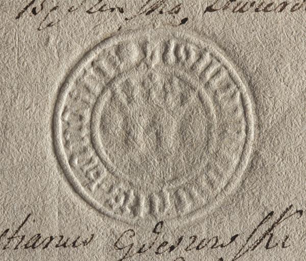 Round imprint of the seal of the town of Bedzin, Kraków Voivodeship, Duchy of Siewierz. Fortress wall with an open gate and two towers with three battlements under a crown. Two roses on the sides of the towers. Gothic inscription around the rim: .SIGILLUM CIVITATIS BANDZINI. Dated 1783. Poland. Seal.