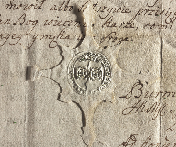 Round seal imprint of the town of Biala, Kraków voivodeship and poviat. In the central part, two four-leaf roses under a ducal mitre. On the sash, the inscription: SIG. OPPIDI. SRM. BIALA. 1753, Poland.