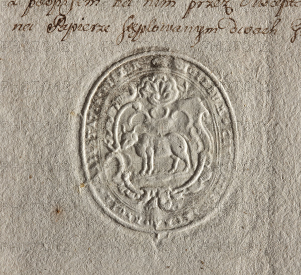 Oval seal impression of the city of Bielsko, Podlaskie Voivodeship. On a baroque shield, a bison facing right. Inscription around the rim: . SIGILLUM . CIVITATIS . . 1789. Seal, dimensions: 36.5 mm and 43 mm. Maker: Zurakowski, Witold (?-1927).