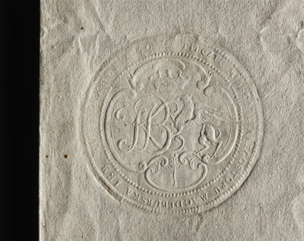 Round seal impression of the city seal of Bialystok, 1759. On the decorative cartouche under the crown there is the monogram of Klemens Branicki and a griffin (coat of arms). Inscription on the rim: 'PIECZEC MIASTA BIALEGOSTOKU MAGDEBURSKA IK M'. Seal; Poland.