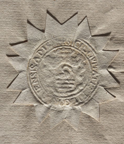 Round seal impression of the town of Bilgoraj, Lublin Voivodeship. On the decorative crowned shield the Korczak coat of arms, above it a swan facing left. Inscription on the rim: + SIGIL. CIVITATIS. BILGORAIENSIS. AD + 1591. Poland.