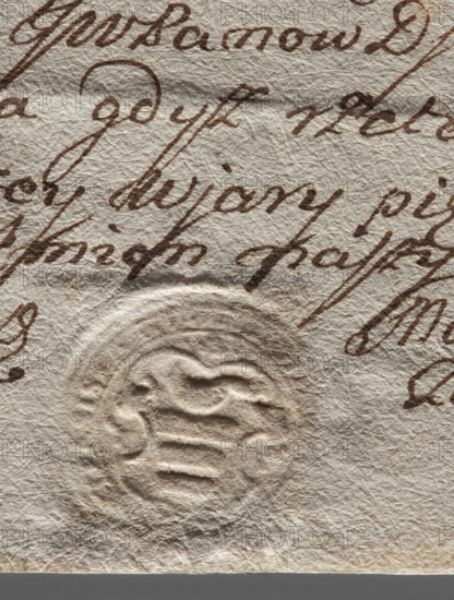 Round seal impression of the town of Bilgoraj, Lublin Voivodeship. On the decorative shield the Korczak coat of arms, above it a swan facing left. Illegible inscription on the rim. 1770, Poland.
