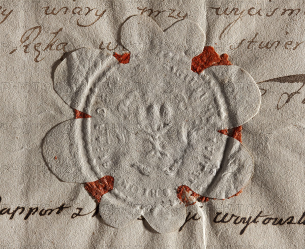 Oval seal impression of the town of Blonie, Masovian Voivodeship. Decorative shield with the Godziemba coat of arms. Illegible inscription on the rim. 1789, Poland. Seal. Dimensions: 38.5 mm and 43 mm.