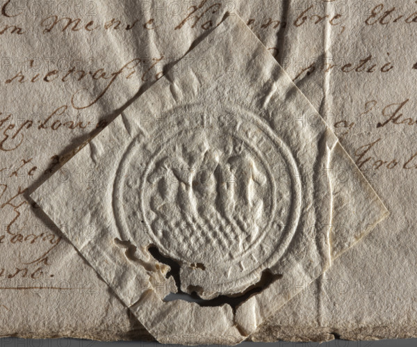 Round seal impression of the town of Bodecin (Bodzentyn), Sandomierz Voivodeship and County. On the Renaissance shield there is a diagonally gridded fortress wall with three battlements and two towers. Between the towers is a mitre. Above the shield is the date 1590. Inscription around the rim: +SIGILLUM . CIVITATIS ., ECZYN +, 1590, Poland, seal