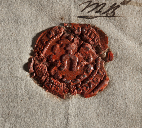 Round wax impression of the seal of Bodzentyn, Sandomierz County and Voivodeship. On the decorative shield the Dabrowa coat of arms. Illegible inscription on the rim. 1789, Poland. Seal.