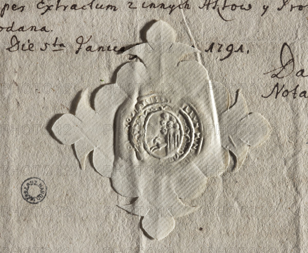 Round seal impression of the town of Bojanowo, Poznan Voivodeship, Wschowa Land. On an oval shield a ram jumping out from behind a rose bush. In the rim a partially illegible inscription: SIGILLUM MIN, IANIVIENSIS., 1791, Poland, city seal, city seals, official seals, seals with a genre scene, document seals, Round seal impression