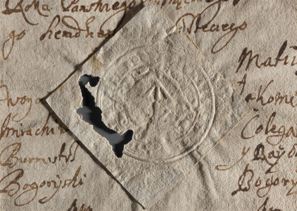 Round seal impression of the town of Bogorya (Bogoria), Sandomierz voivodeship and poviat. In a decorative Renaissance cartouche, the Bogorya coat of arms. Illegible inscription on the rim. 1617, Poland. Seal. Maker: Zurakowski, Witold (?-1927). Official city seal with coat of arms, attached to documents.