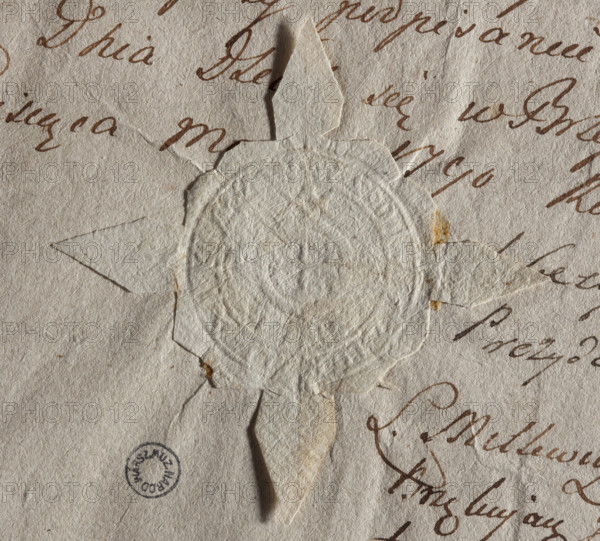 Round seal impression of the city of Brzesc Kujawski. In the rim an equal-armed cross. The rim inscription is illegible. City seal of Brzesc Kujawski; seals with coats of arms; official/document seal. 1790, Poland. Maker: Zurakowski, Witold (?-1927). Culture + 2014/2015 — visual documentation.