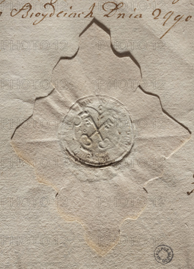 Round seal impression of the town of Broyc (Brójce), Poznan Voivodeship. On the shield two crossed keys and the date 1656. Illegible inscription on the rim. Poland, 1656.