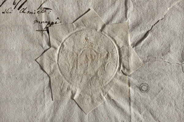 Round seal impression of the town of Chmielnik, Sandomierz Voivodeship, Wislica County; illegible drawing and rim inscription; 1784; Poland; city seal of the town of Chmielnik; official municipal seal with coat of arms; document seal; maker: Zurakowski, Witold (?-1927).